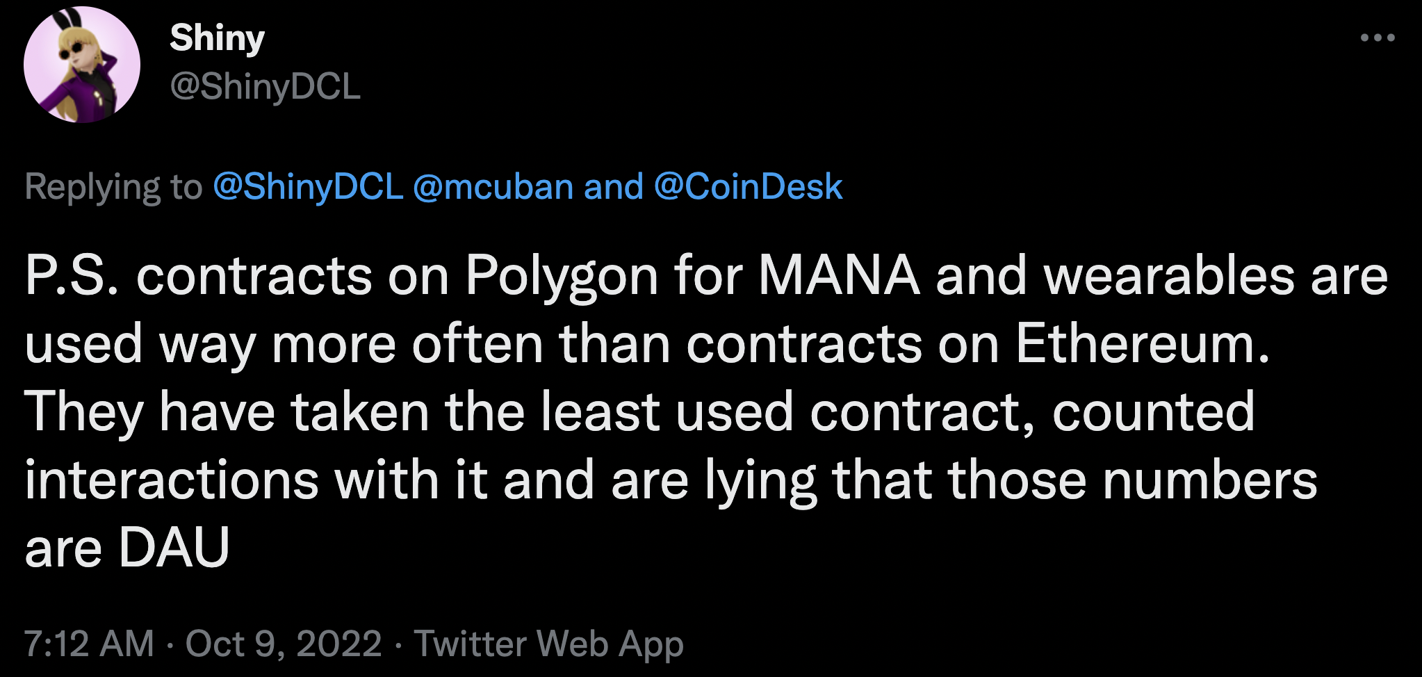 contracts on Polygon for MANA and wearables are used way more often than contracts on Ethereum. They have taken the least used contract, counted interactions with it and are lying that those numbers are DAU